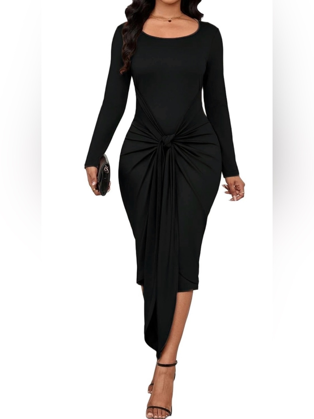 Classic Black Knot-Detail Long Sleeve Midi Dress
